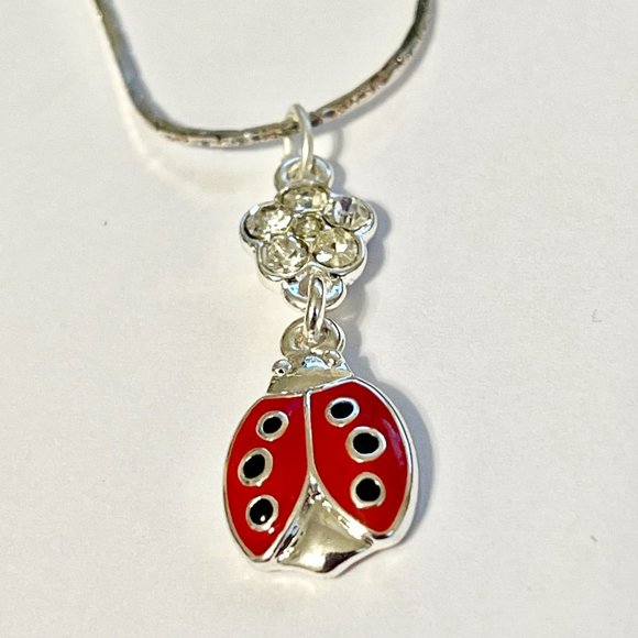 Silver Red Ladybug Pendant Necklace Crystal Plated 18" Chain Insect Enamel - Picture 6 of 12